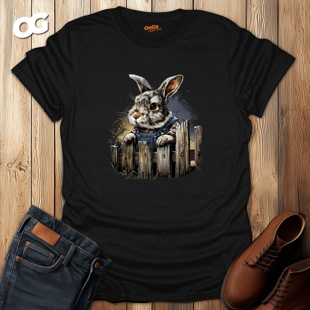 Charming Bunny in Overalls T-Shirt – black – oak-wood