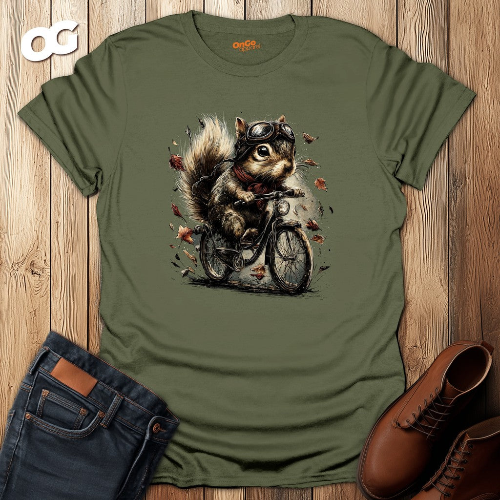 Squirrel Aviator Bike T-Shirt with Fun Animal Design – military_green – oak-wood