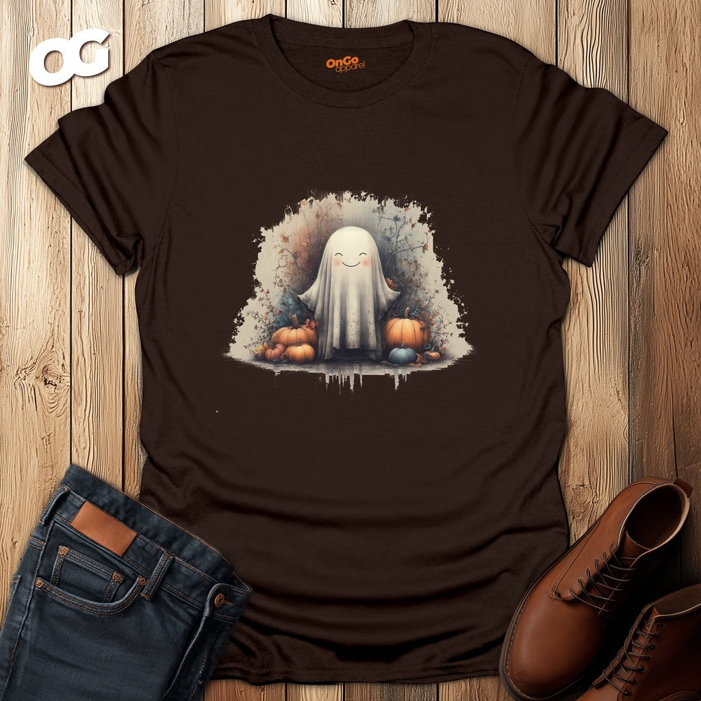 Charming Ghost and Pumpkins Graphic T-Shirt – dark_chocolate – oak-wood