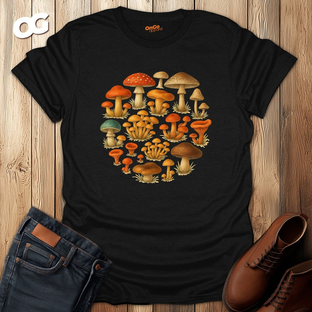 Mushroom Circle Unisex T-Shirt with Nature Design – black – oak-wood