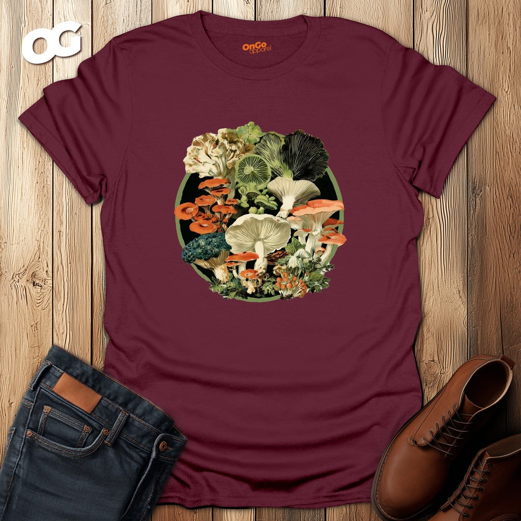 Vintage Mushroom Circle T-Shirt – maroon – oak-wood