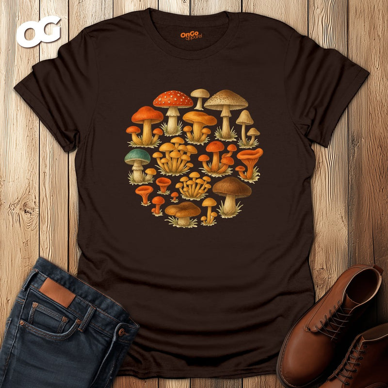 Mushroom Circle Unisex T-Shirt with Nature Design – dark_chocolate – oak-wood