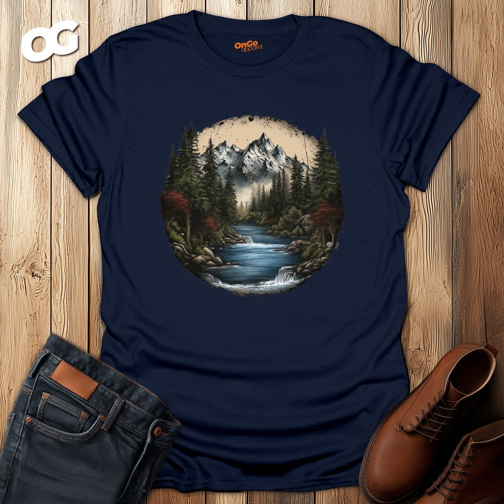 Nature Landscape T-Shirt with Mountain River Design – navy – oak-wood