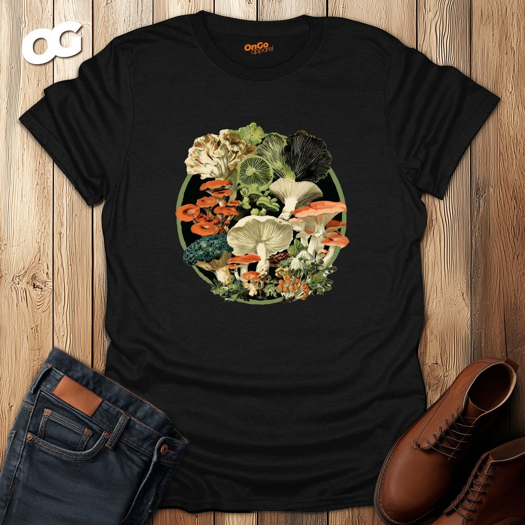 Vintage Mushroom Circle T-Shirt – black – oak-wood