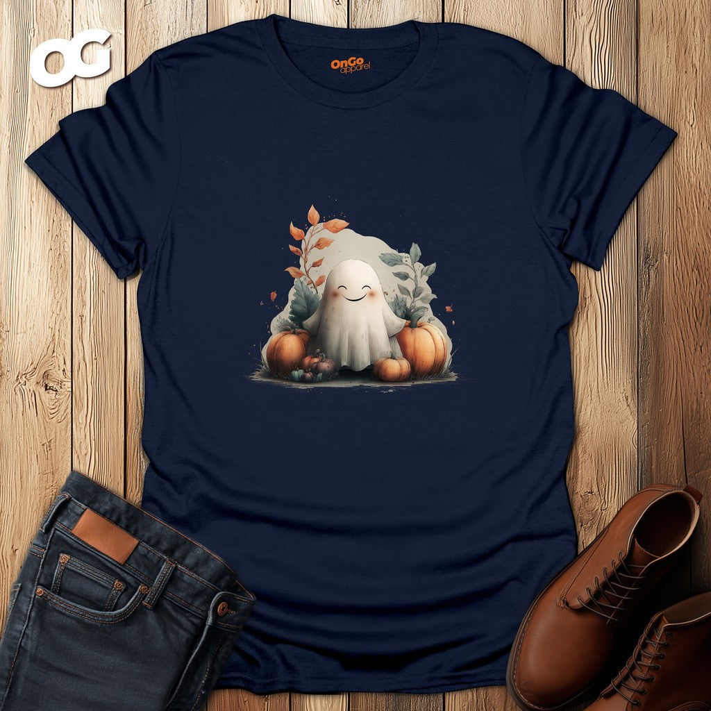 Cute Ghost and Pumpkin T-Shirt Design – navy – oak-wood