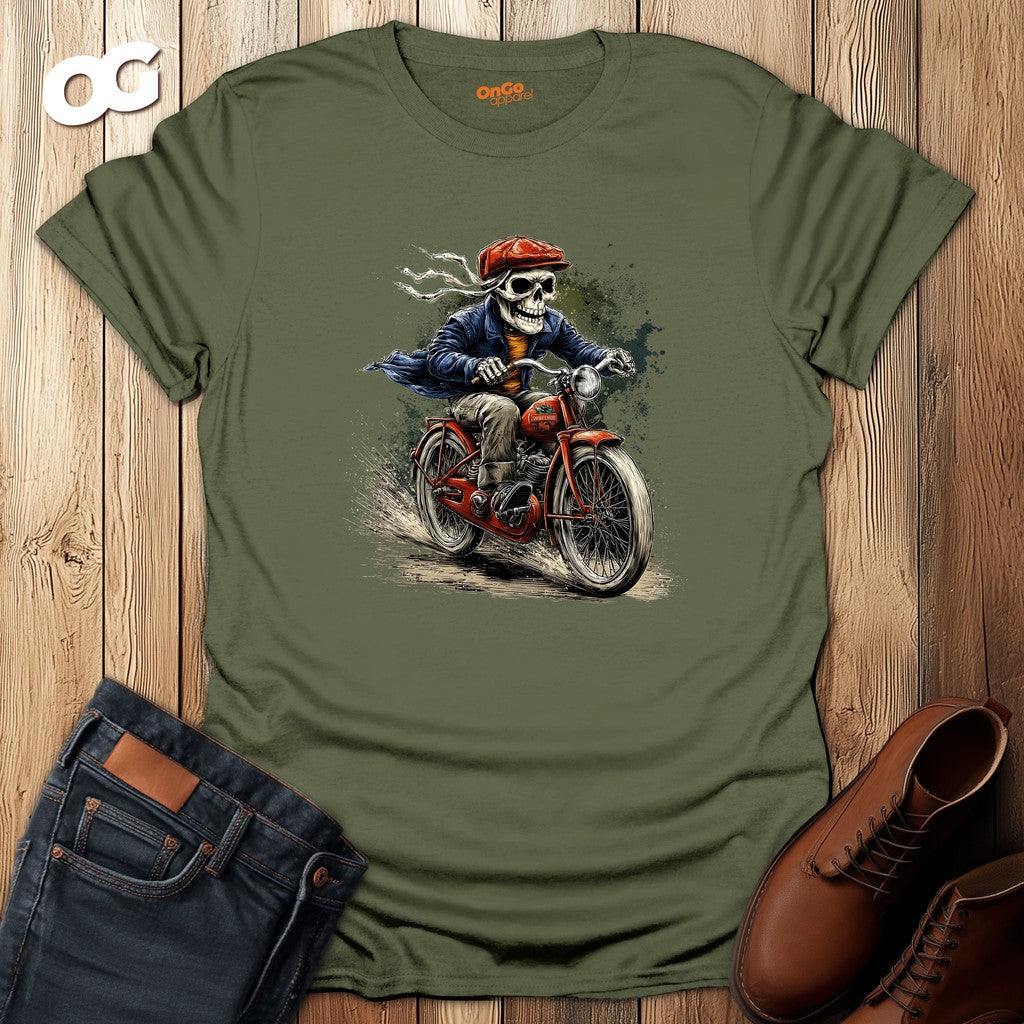 Skeleton Riding Bicycle Graphic T-Shirt – military_green – oak-wood