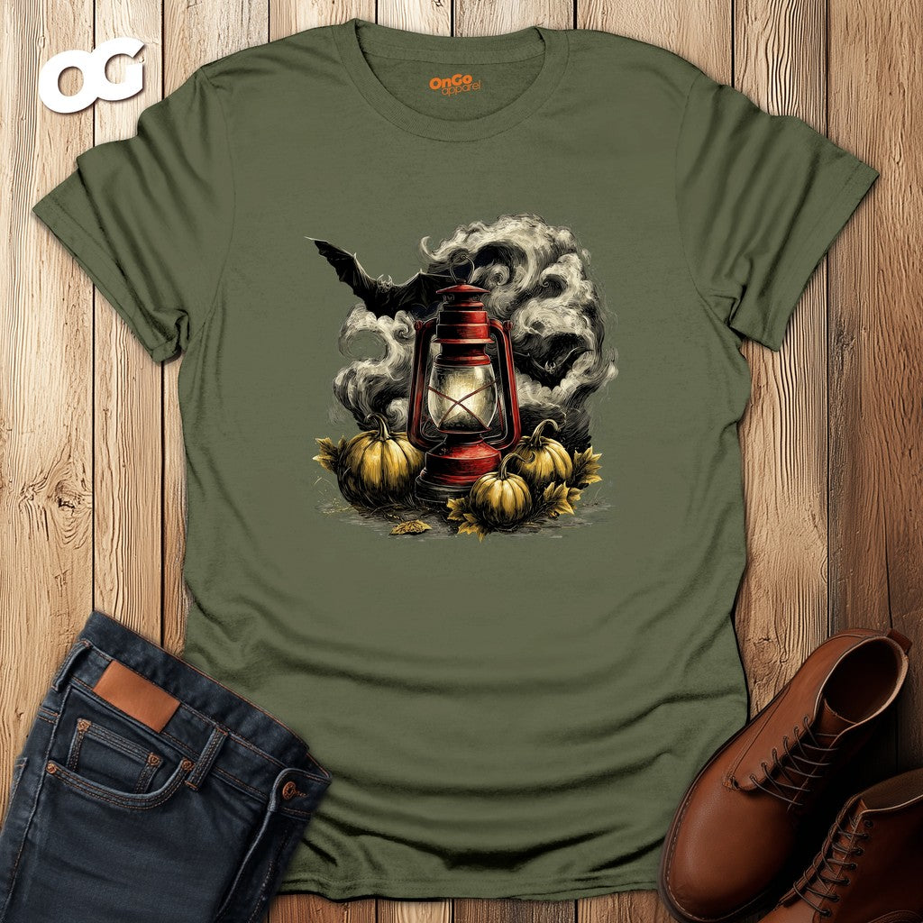 Eerie Lantern T-Shirt with Bats and Pumpkins Design – military_green – oak-wood