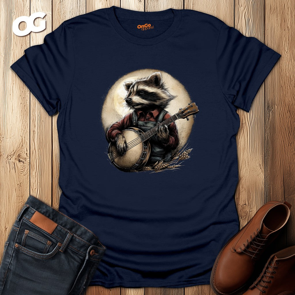 Raccoon Banjo Player T-Shirt – navy – oak-wood