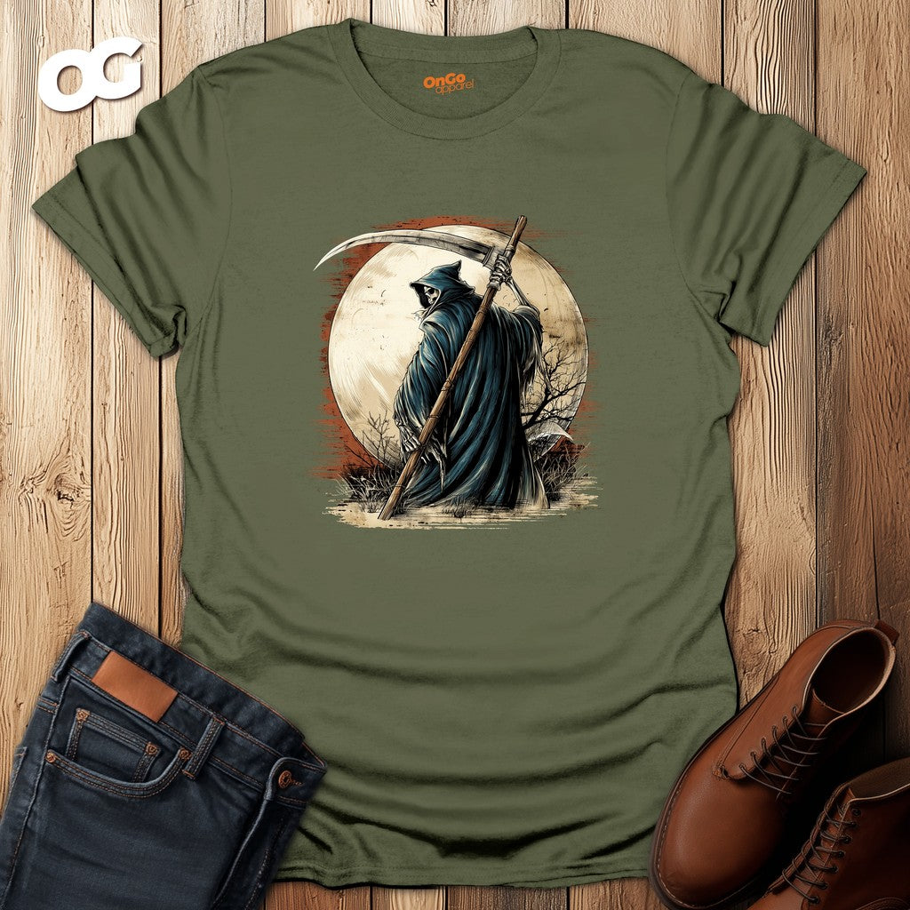 Grim Reaper Scythe and Moon Graphic T-Shirt – military_green – oak-wood
