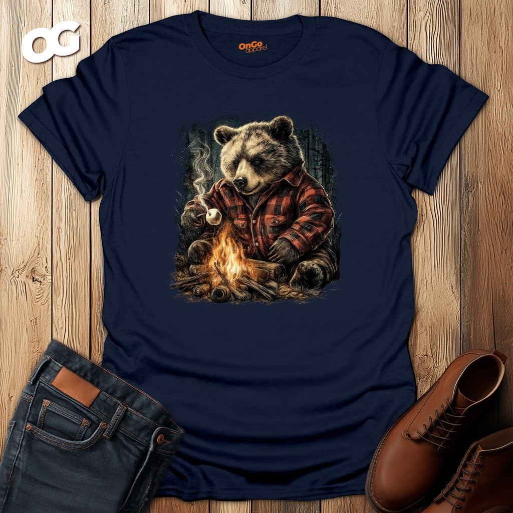 Cozy Bear Campfire T-Shirt with Marshmallow Design – navy – oak-wood