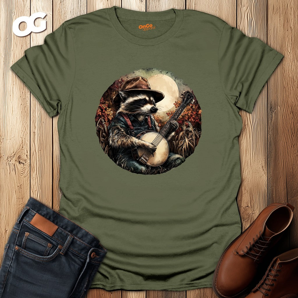 Raccoon with Banjo T-Shirt - Woodland Music Art – military_green – oak-wood