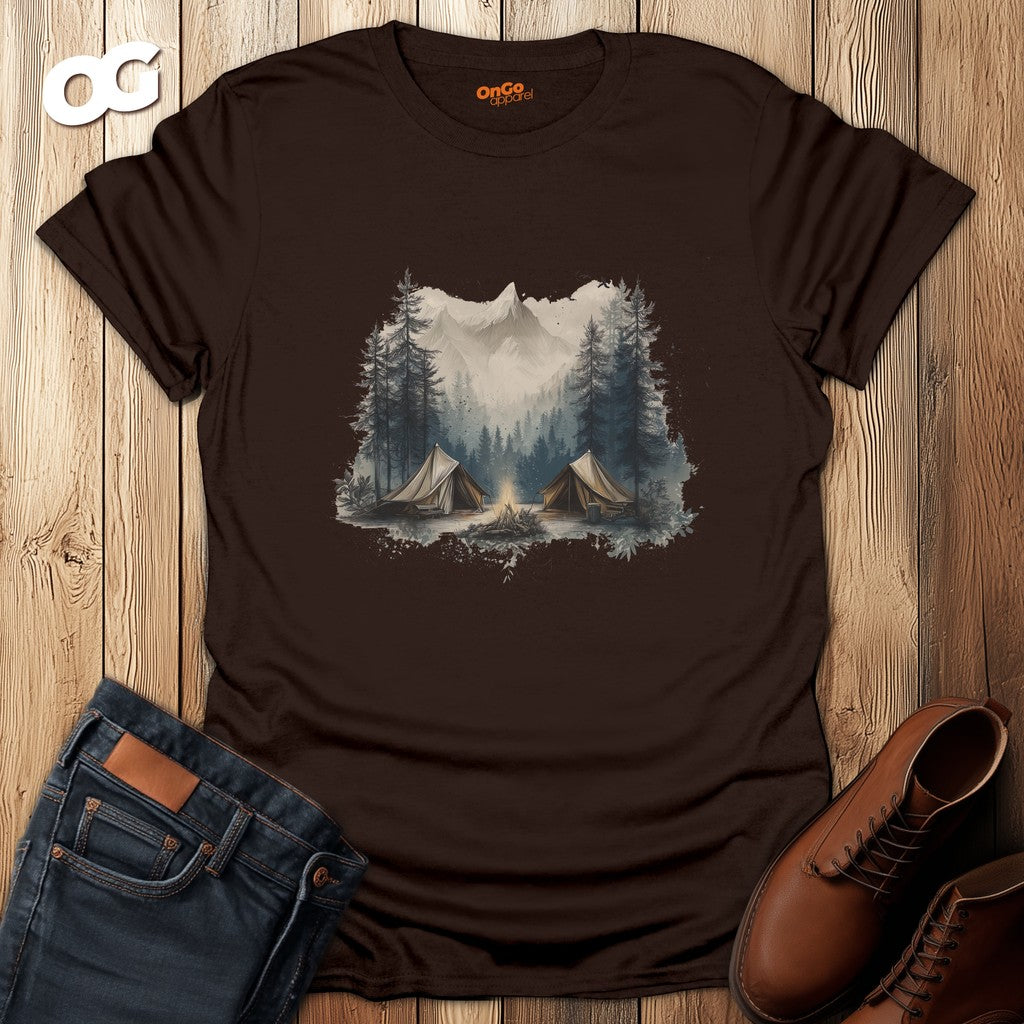 Camping Scene T-Shirt with Tent and Mountain Design – dark_chocolate – oak-wood