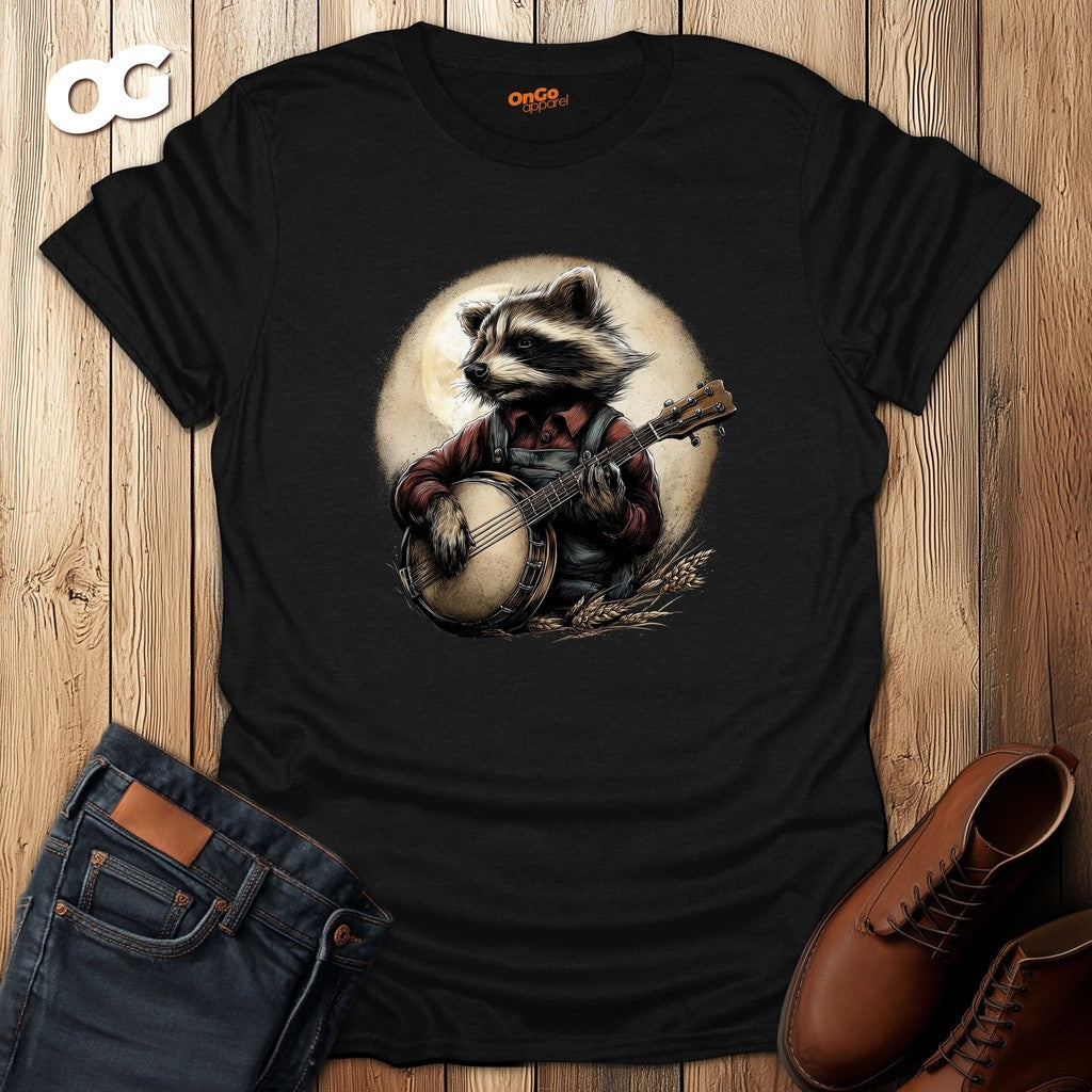 Raccoon Banjo Player T-Shirt – black – oak-wood