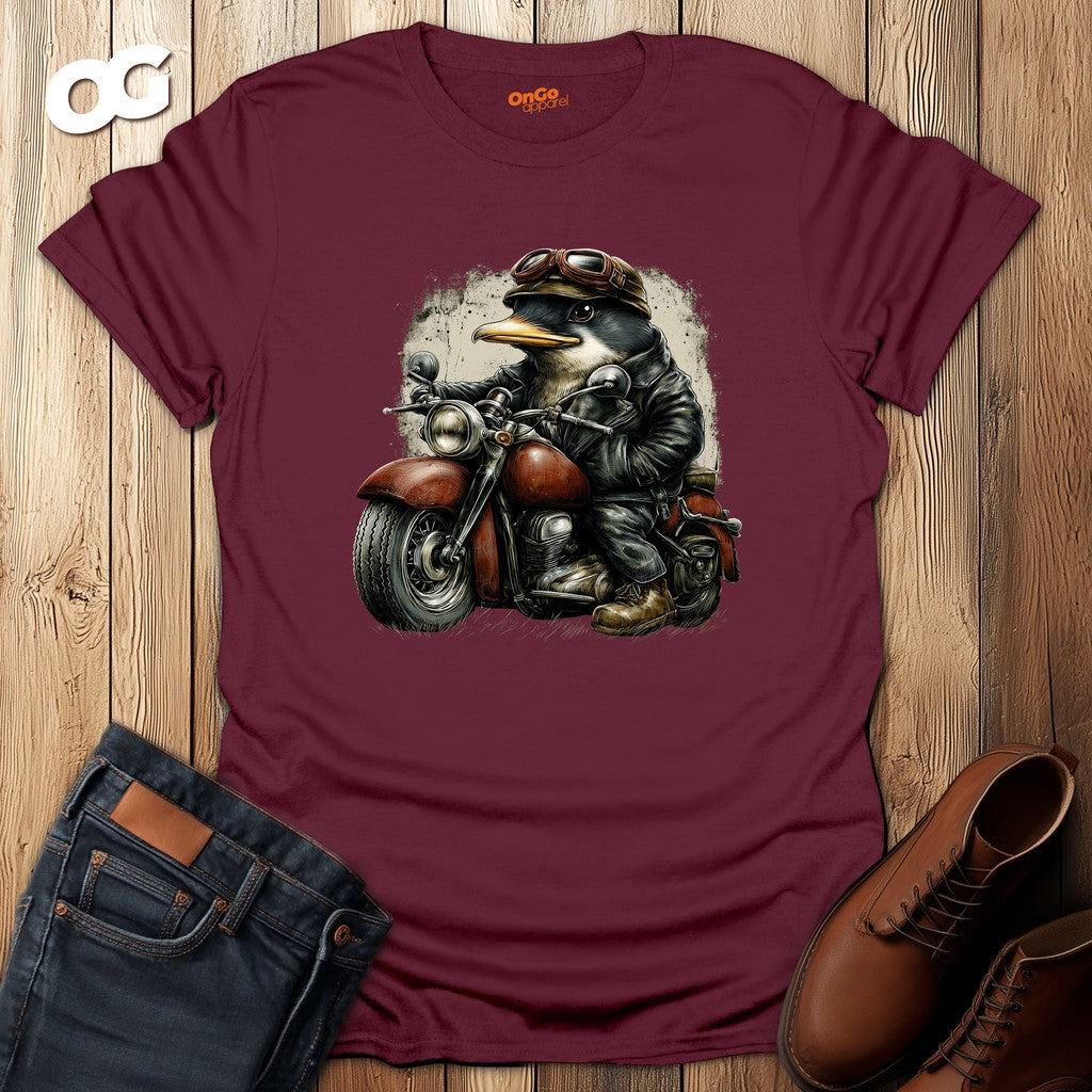 Penguin Aviator T-Shirt with Motorcycle Design – maroon – oak-wood