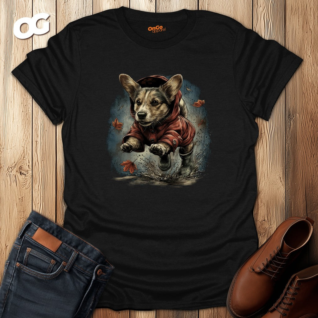 Corgi in Boots T-Shirt with Fall Leaves Design – black – oak-wood