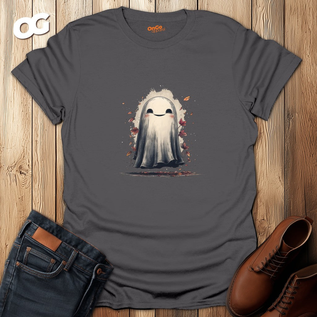 Charming Ghost with Leaves Graphic T-Shirt – charcoal – oak-wood