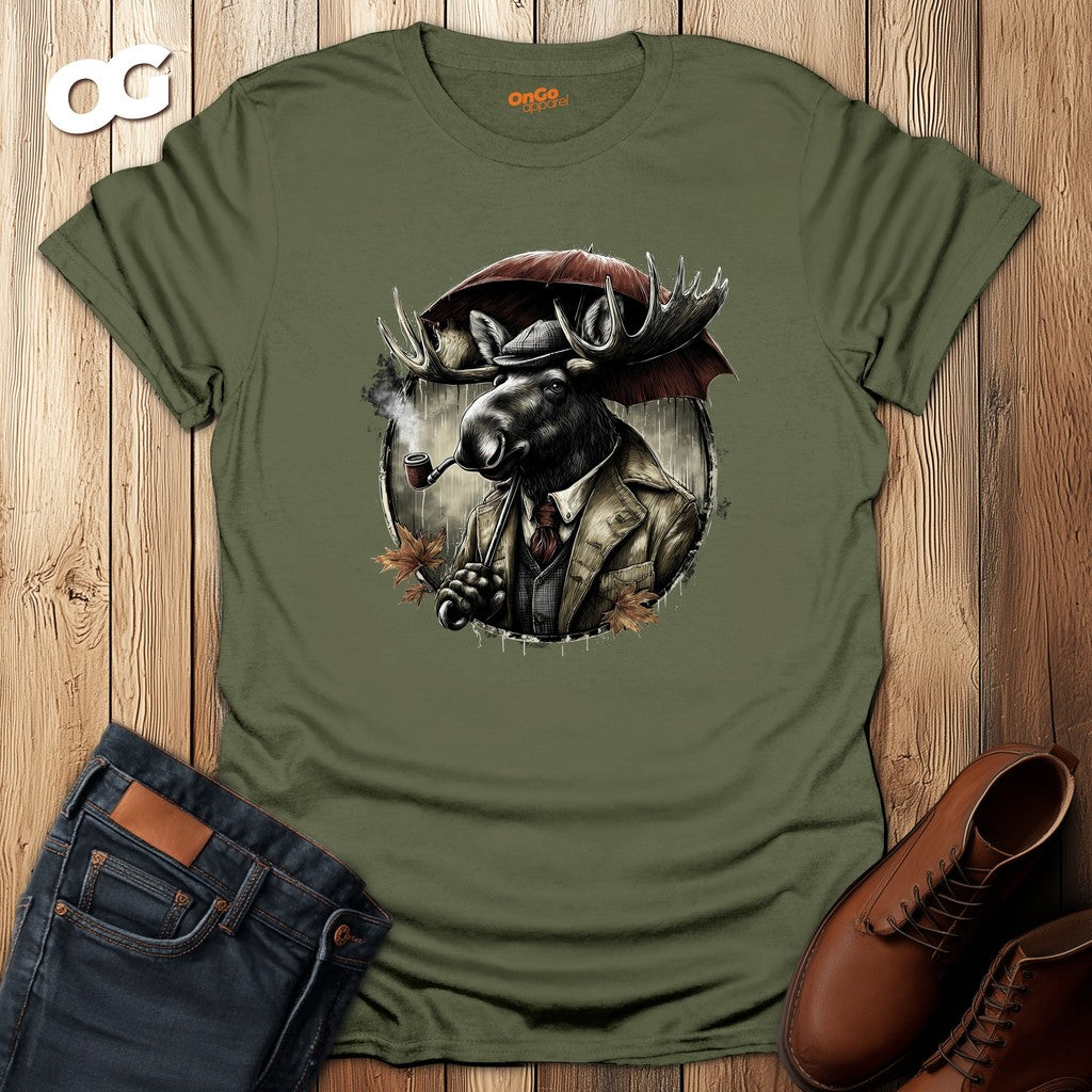 Stylish Moose with Umbrella and Pipe T-Shirt – military_green – oak-wood