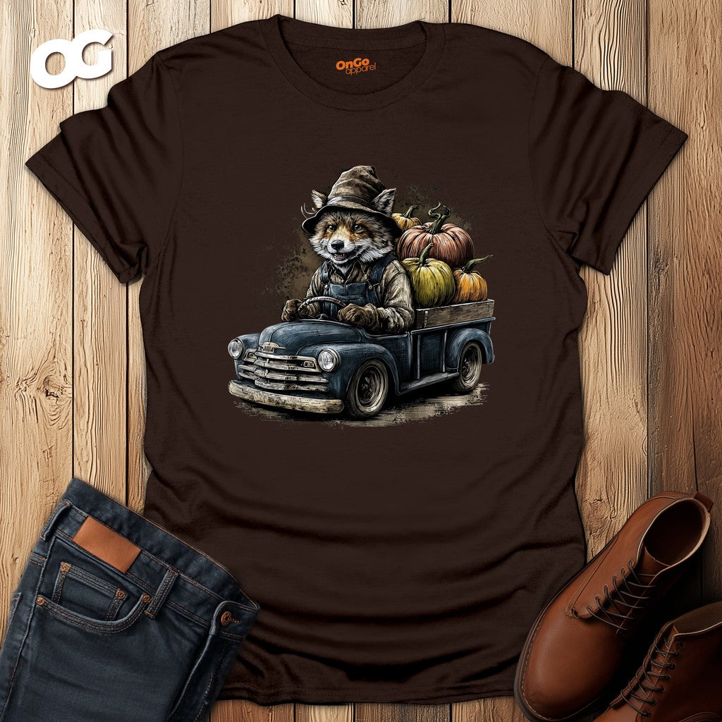 Rustic Fox Driving Vintage Truck T-Shirt – dark_chocolate – oak-wood