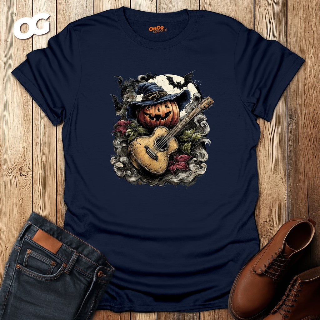 Halloween Pumpkin Guitar T-Shirt with Witch Hat – navy – oak-wood