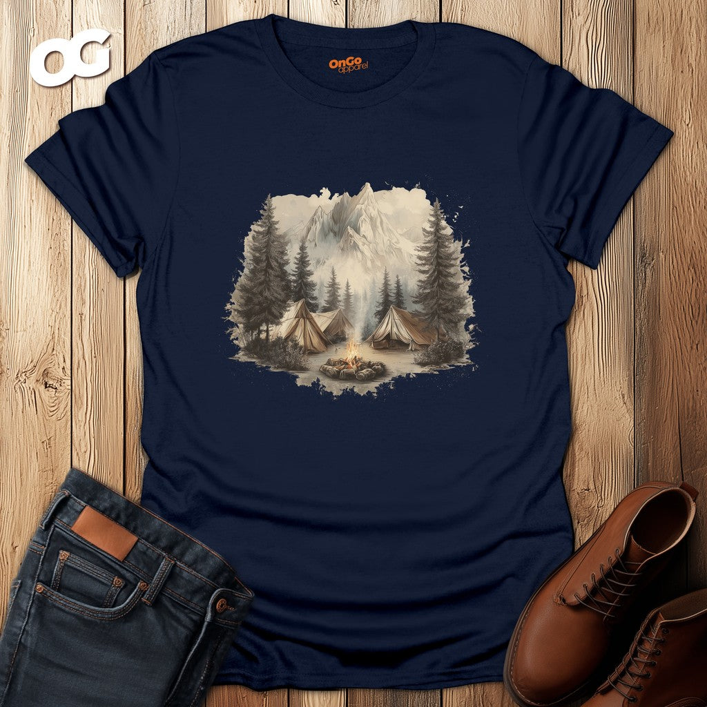 Camping Scene T-Shirt with Tents and Mountains – navy – oak-wood