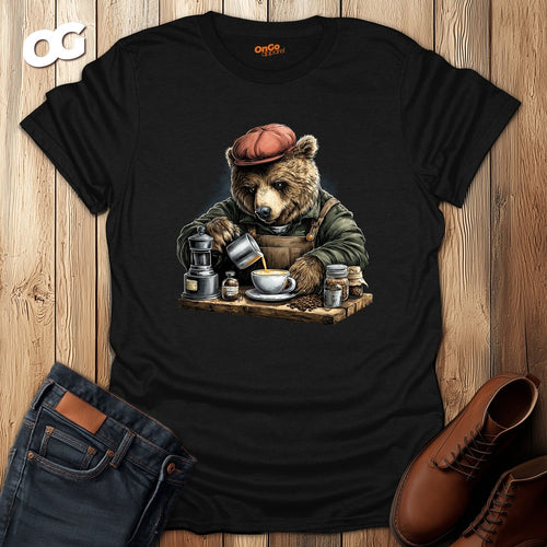 Bear Barista T-Shirt with Coffee Art Design – black – oak-wood