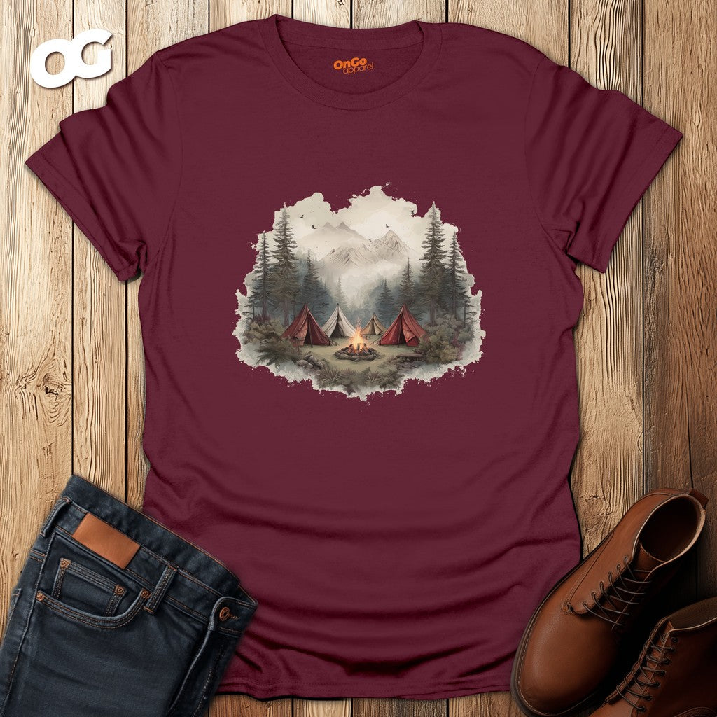 Camping Adventure T-Shirt with Bonfire and Mountain Scene – maroon – oak-wood