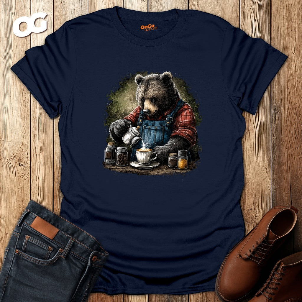 Bear Barista T-Shirt with Coffee Theme – navy – oak-wood