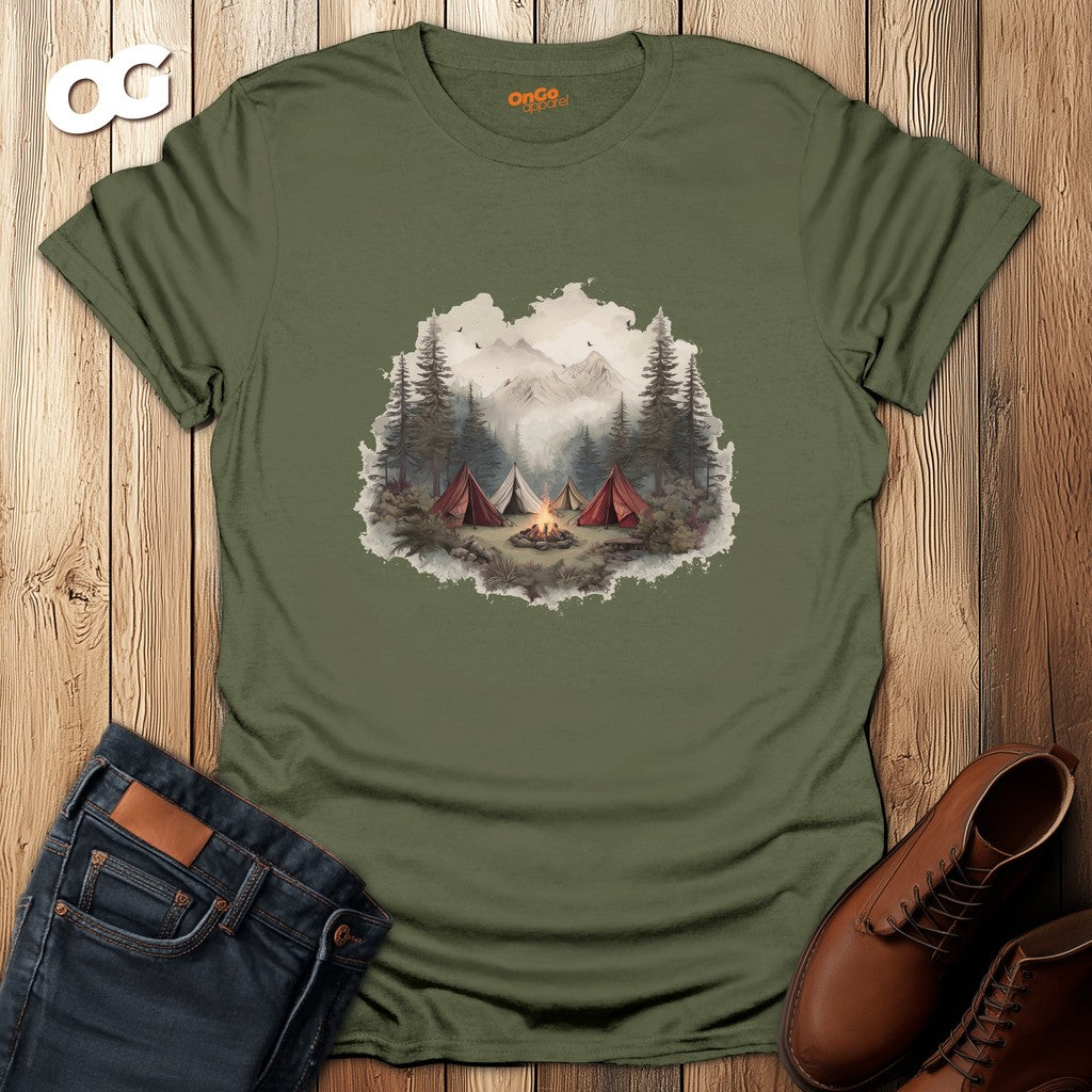 Camping Adventure T-Shirt with Bonfire and Mountain Scene – military_green – oak-wood