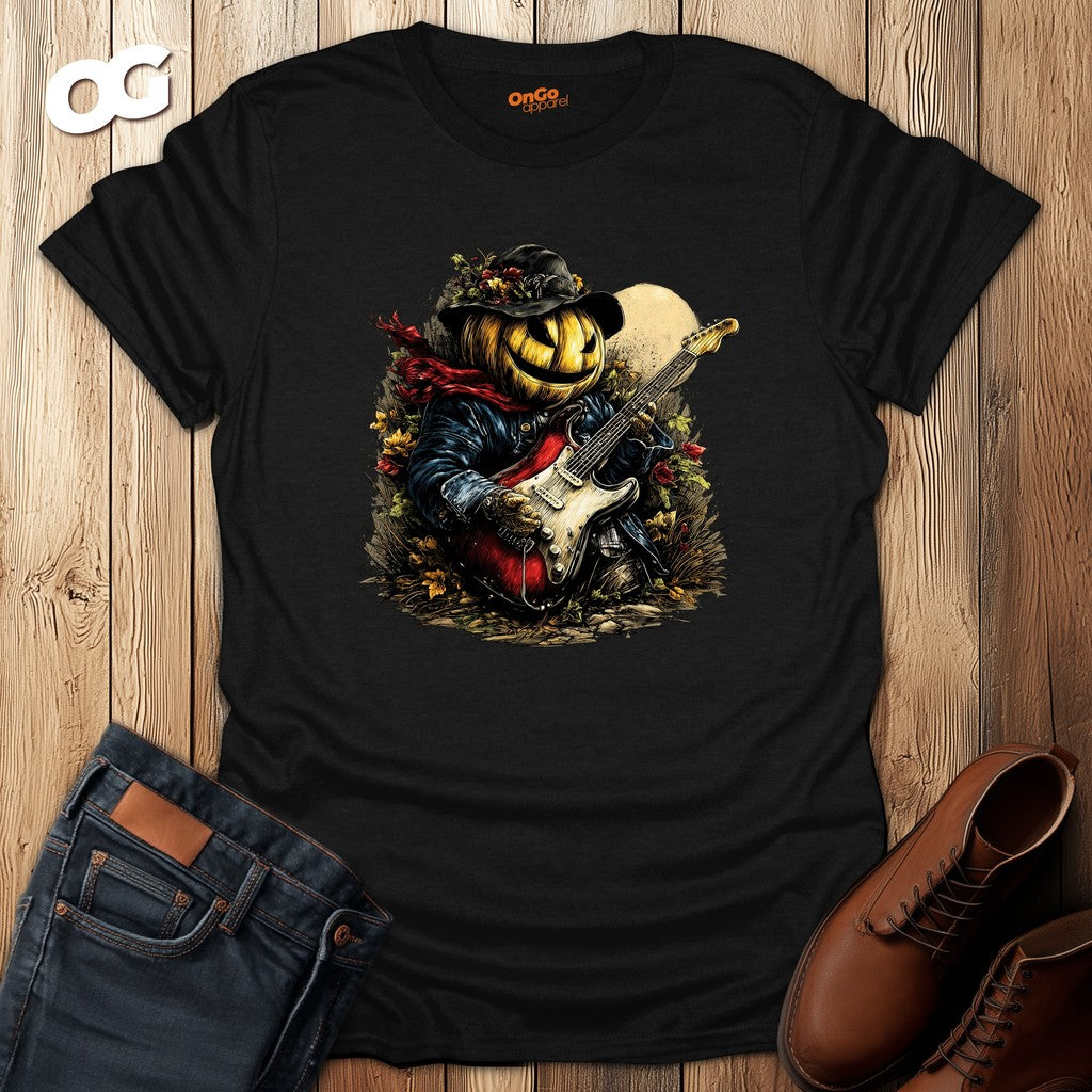 Pumpkin Guitarist T-Shirt with Creative Design – black – oak-wood