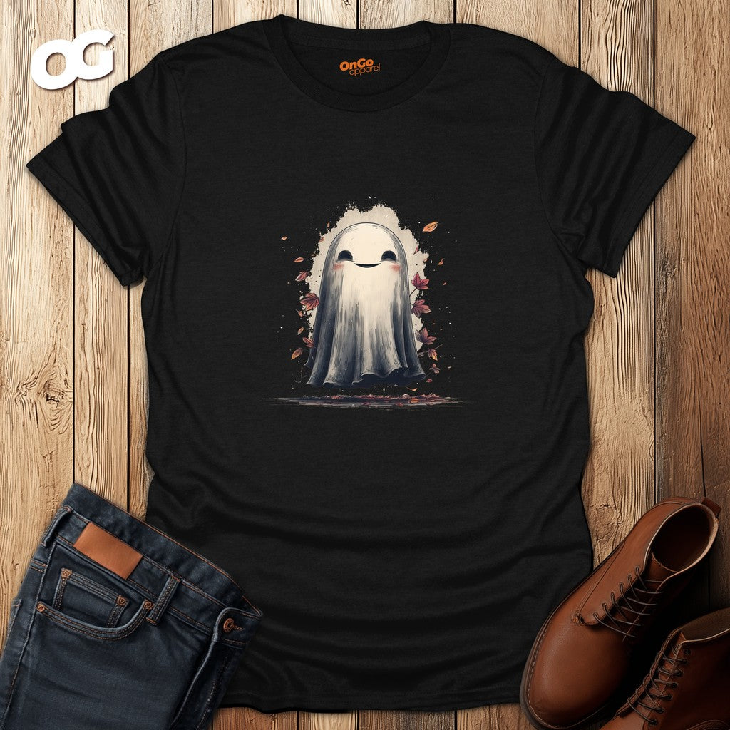Charming Ghost with Leaves Graphic T-Shirt – black – oak-wood