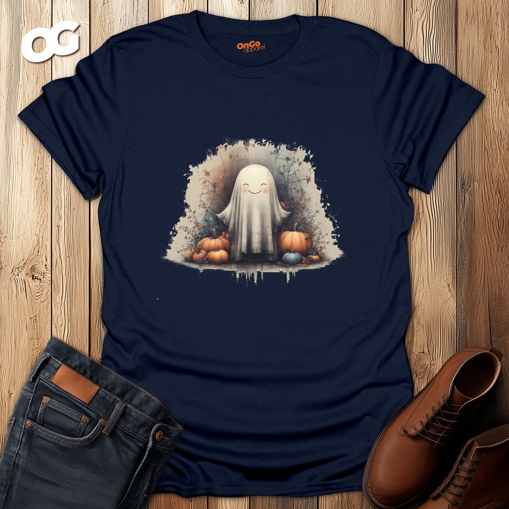 Charming Ghost and Pumpkins Graphic T-Shirt – navy – oak-wood