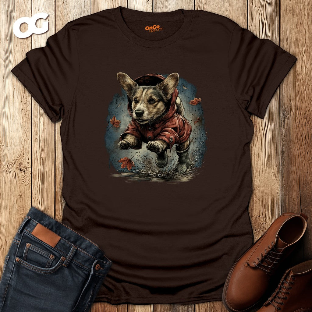 Corgi in Boots T-Shirt with Fall Leaves Design – dark_chocolate – oak-wood