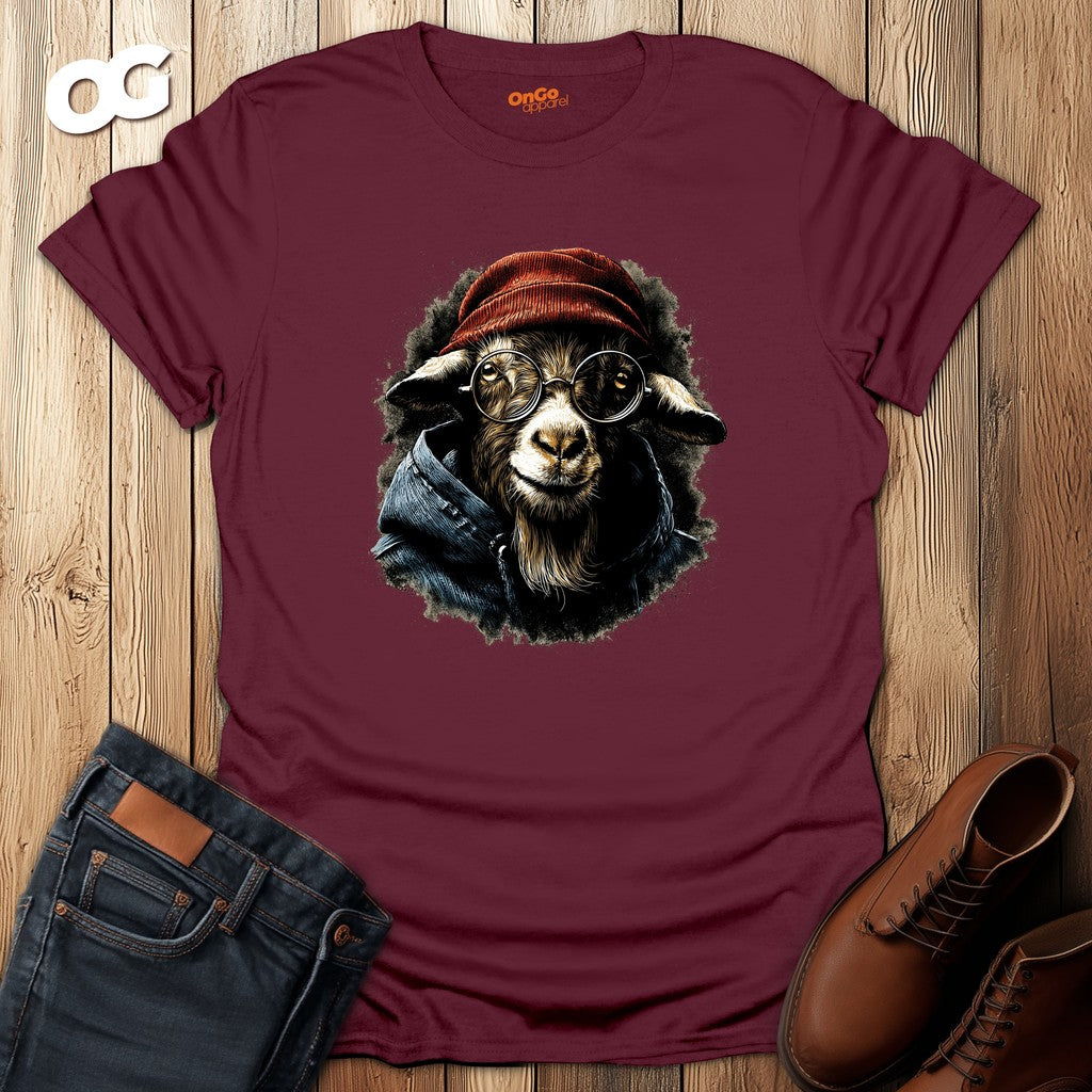 Trendy Goat with Glasses T-Shirt for Animal Lovers – maroon – oak-wood