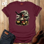 Eerie Lantern T-Shirt with Bats and Pumpkins Design – maroon – oak-wood