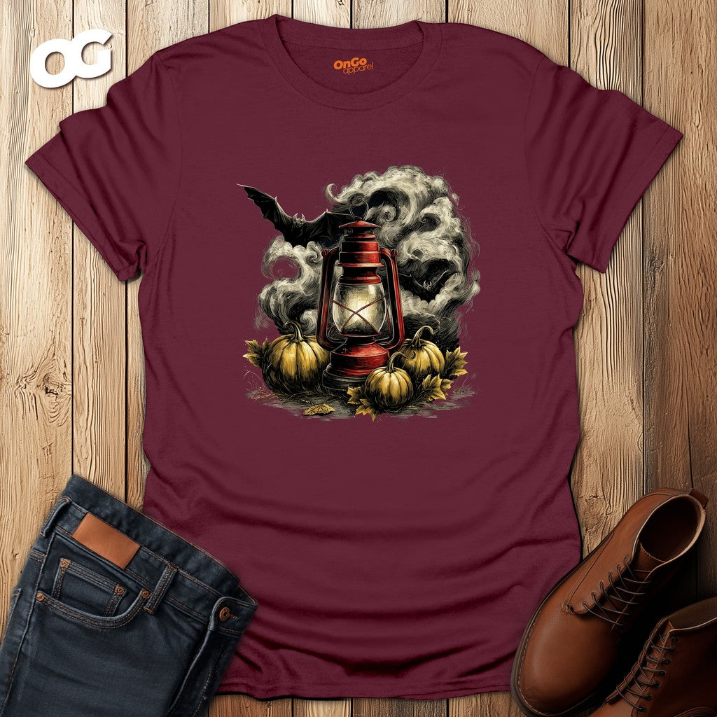Eerie Lantern T-Shirt with Bats and Pumpkins Design – maroon – oak-wood