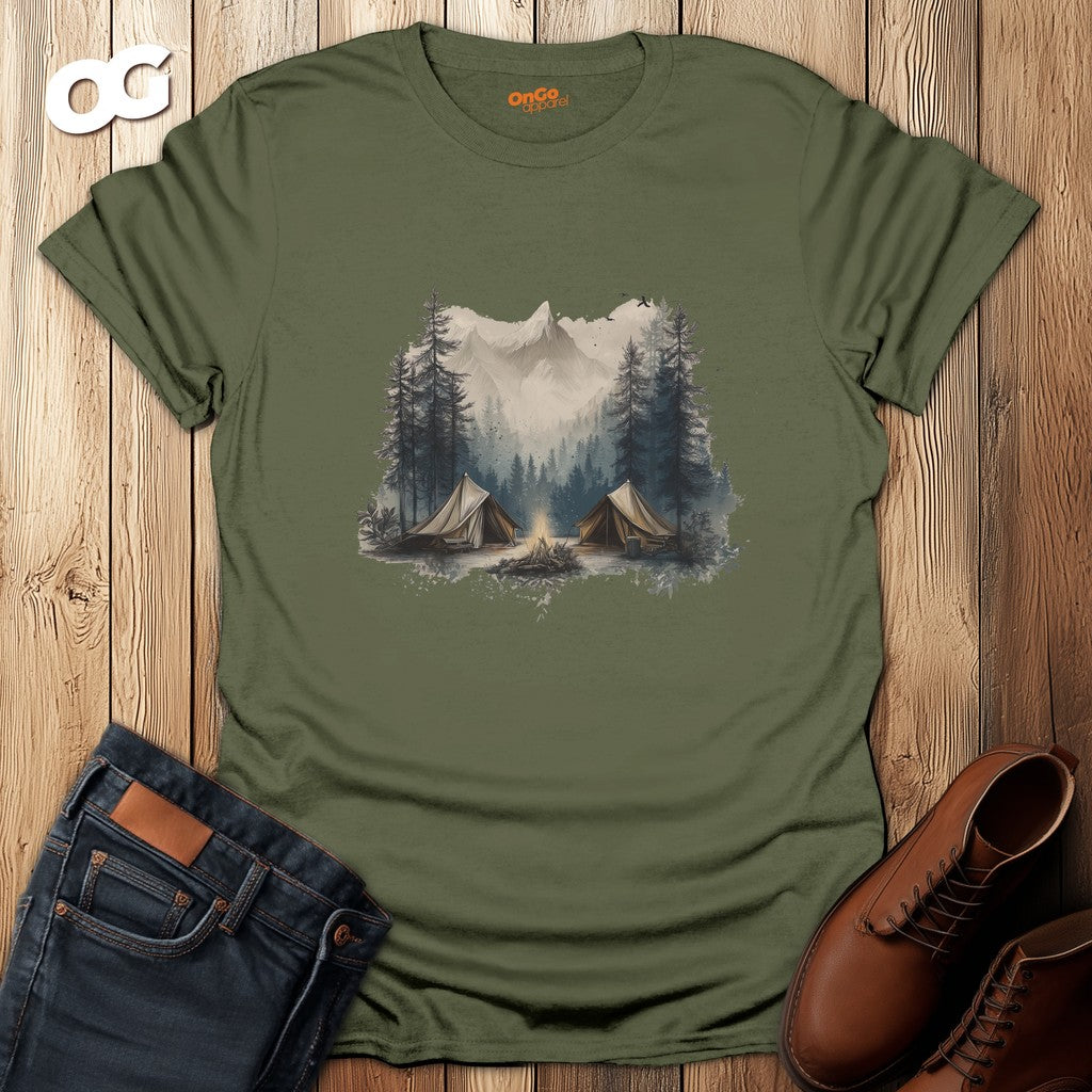 Camping Scene T-Shirt with Tent and Mountain Design – military_green – oak-wood