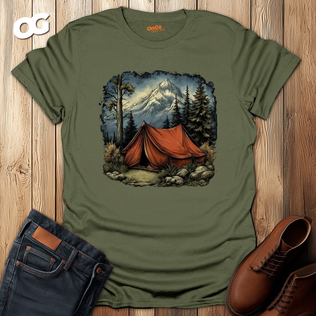 Adventure Mountain Tent Graphic T-Shirt – military_green – oak-wood