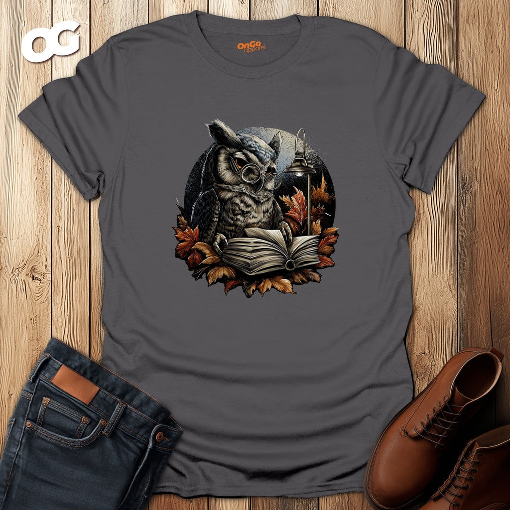 Owl Reading Book T-Shirt with Fall Leaves Design – charcoal – oak-wood