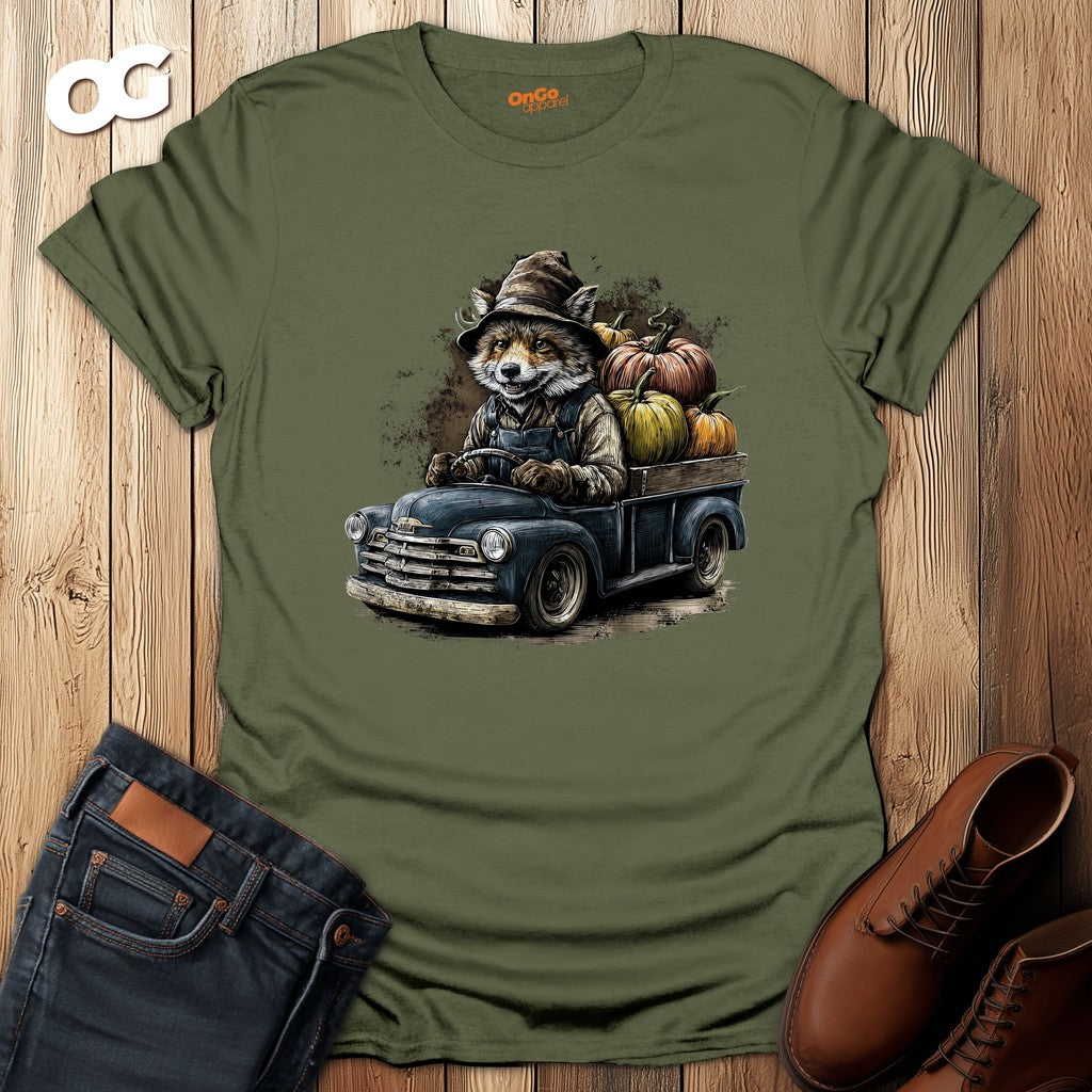 Rustic Fox Driving Vintage Truck T-Shirt – military_green – oak-wood