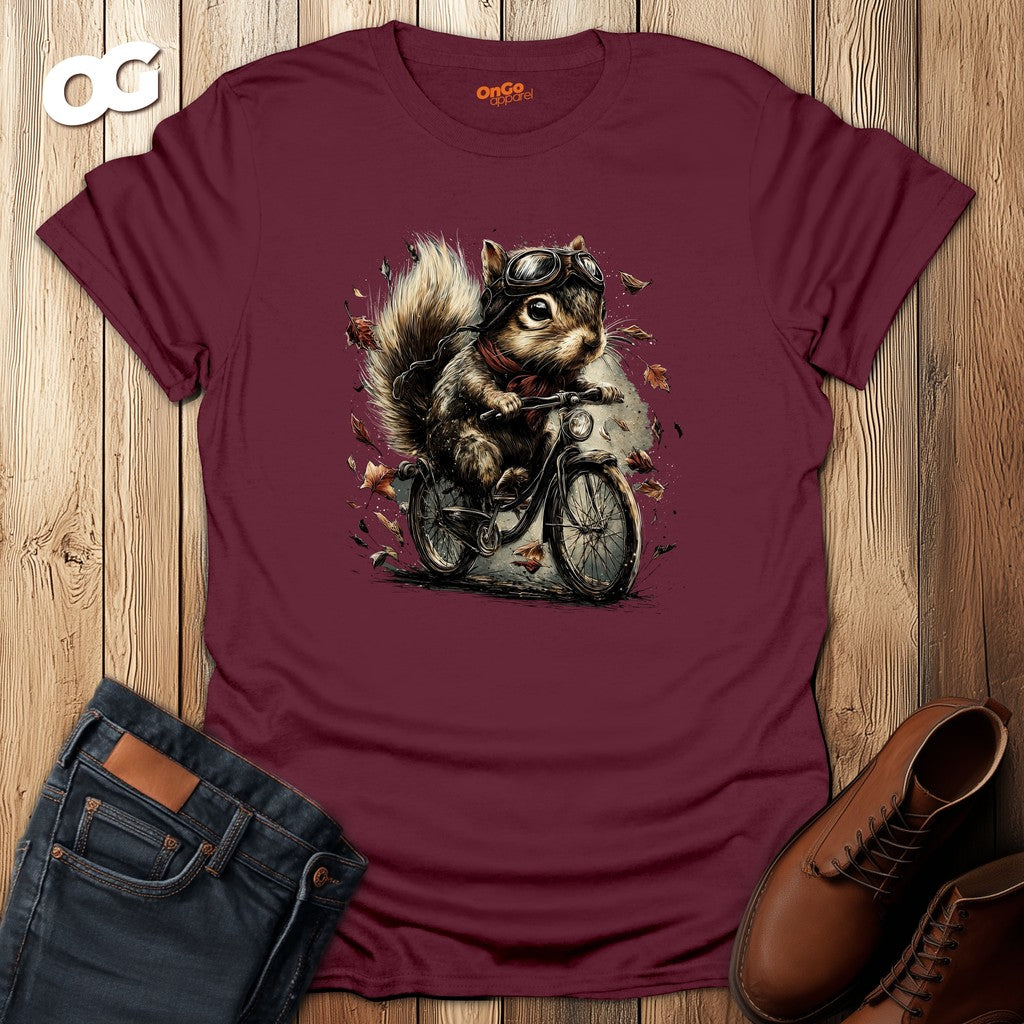 Squirrel Aviator Bike T-Shirt with Fun Animal Design – maroon – oak-wood